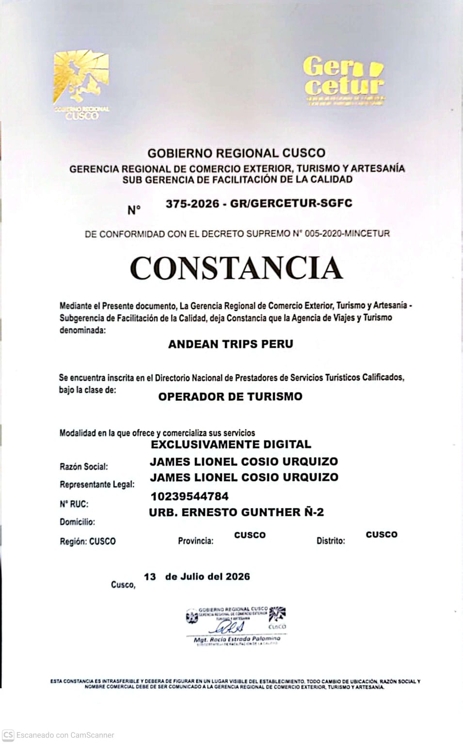 Constancia Mincetur y Gercetur